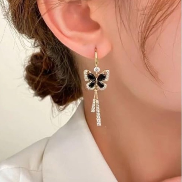 Crystal Studded Gold Butterfly Dangle Earrings in Black and Gold - Picture 2 of 10